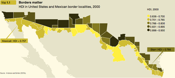 Граница США и Мексики на карте индекса человеческого развития 