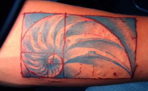 “Here is a pic of my tattoo based on the golden spiral and a nautilus shell. 